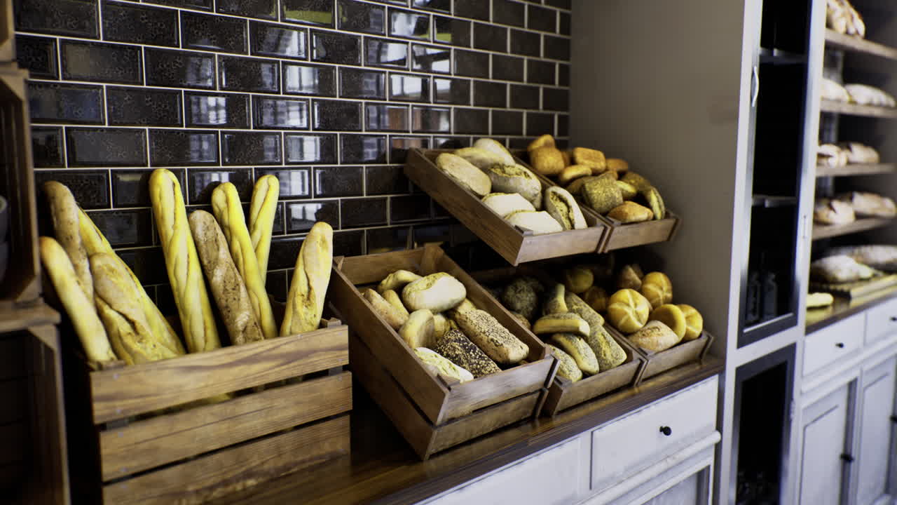 Freshly baked artisan breads displayed in rustic wooden crates at a cozy bakery