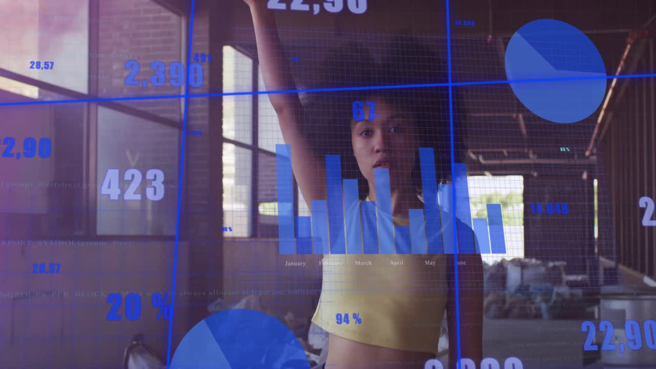 Blue bar charts overlay shifting, woman centering, raising right arm, revealing face for tech demo