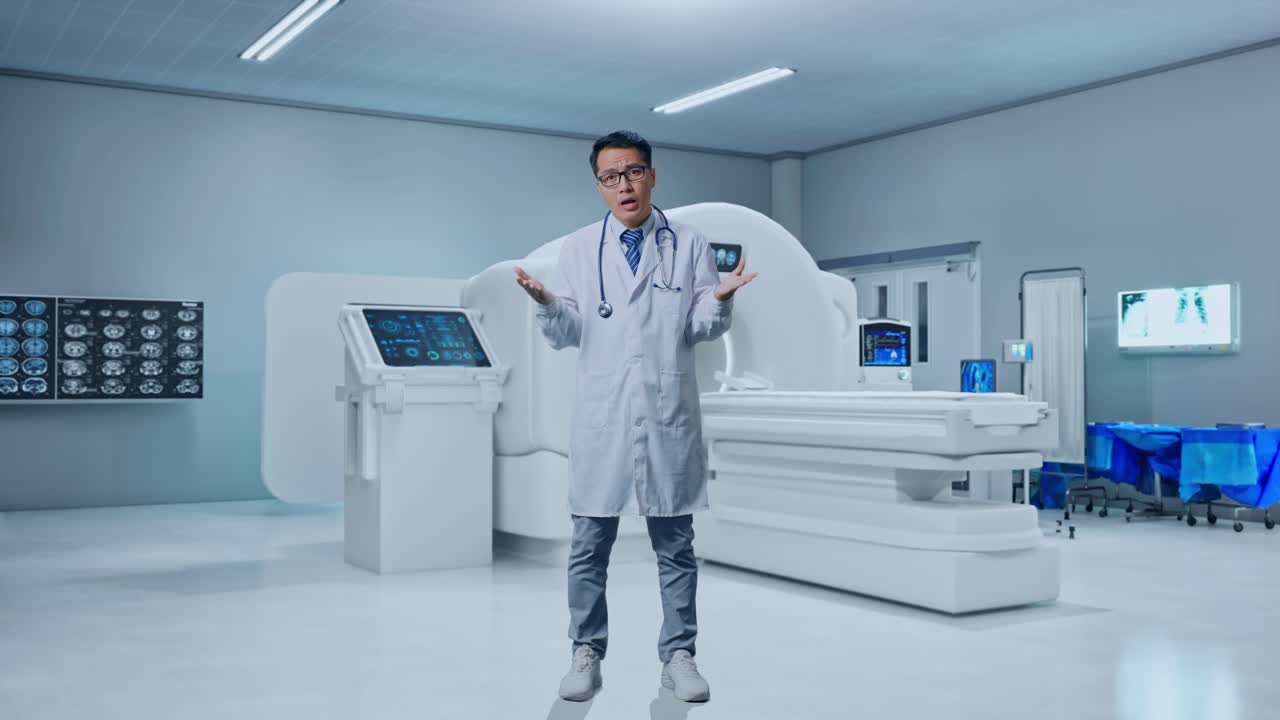 Full Body Of Asian Male Doctor Showing Puzzled Gesture And Saying What With MRI Machine In The Hospital
