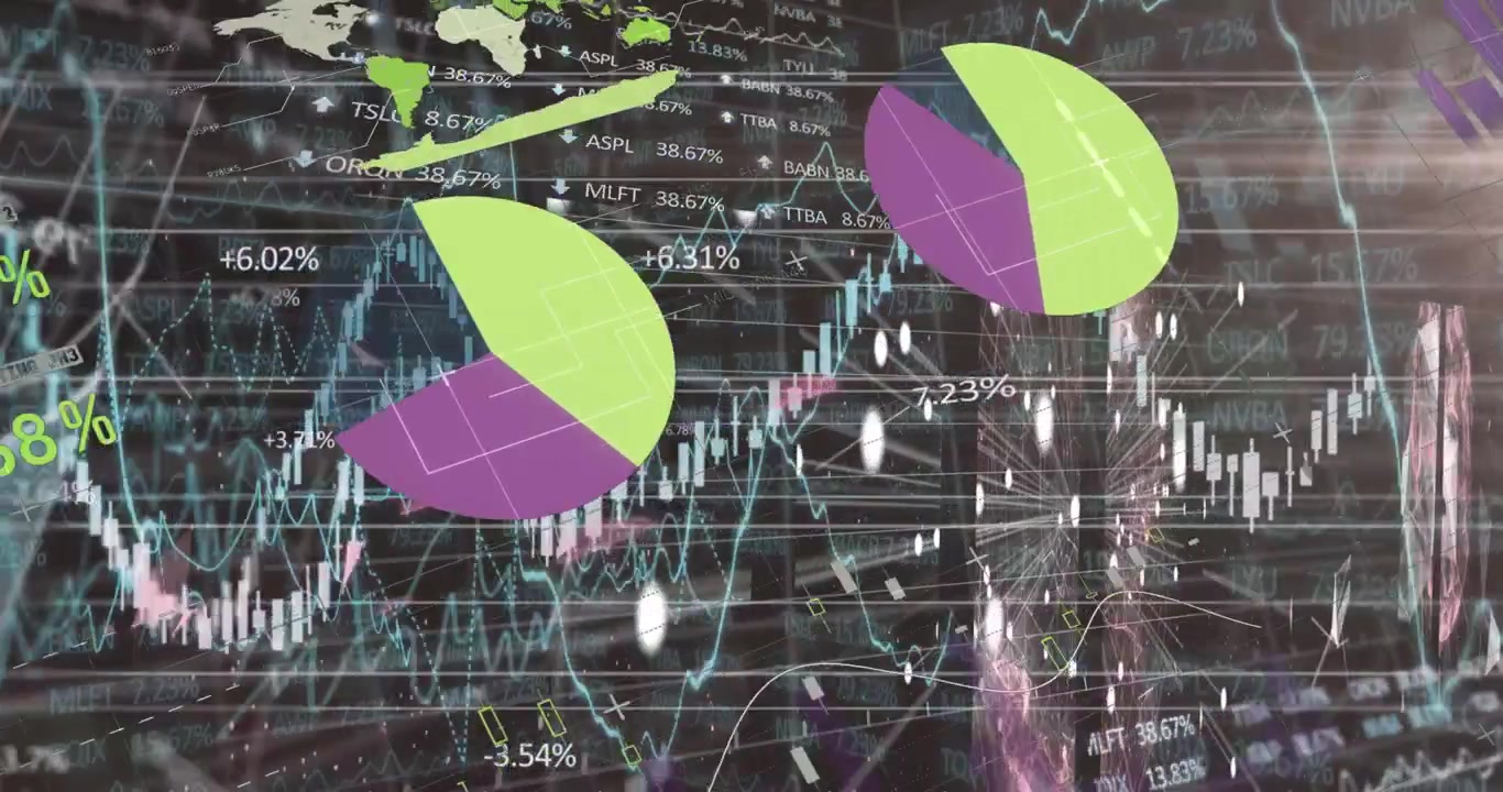 Animation of multicolored infographic interface, connected dots moving on abstract background
