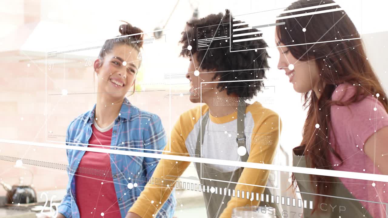 Venner, der starter hjemmebagning. Kvinde i midten ruller dej med mel. HUD-dataoverlejring på scenen