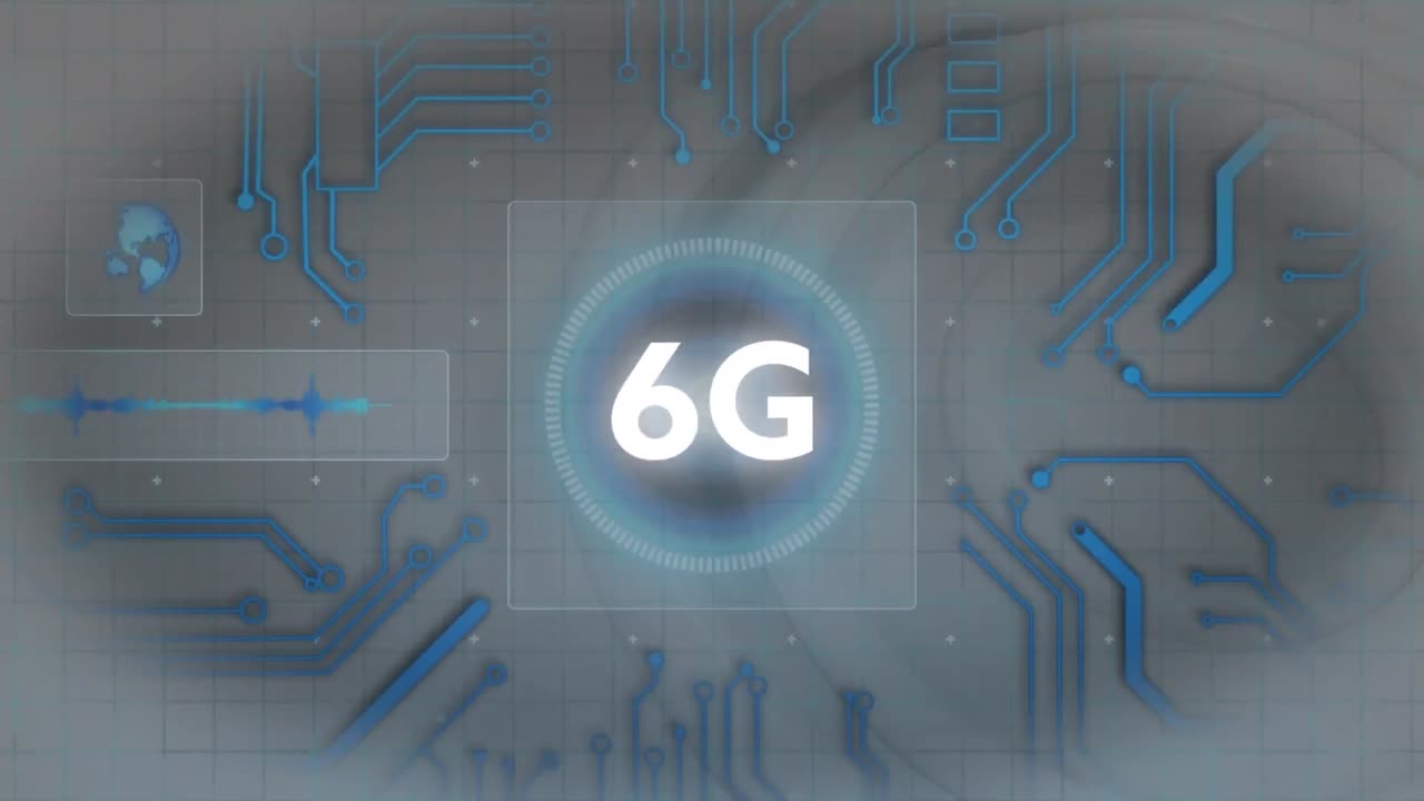 Animation of 6g text over computer circuit board