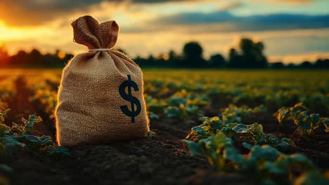 money bag means farmland wealth. a burlap sack with a dollar sign rests on rich soil among crops at sunset, symbolizing agricultural wealth.