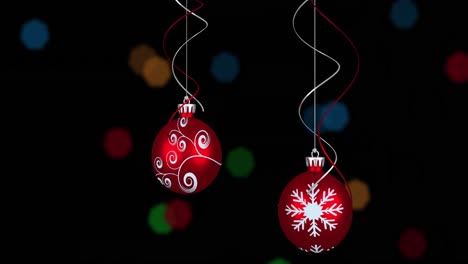 Animation-of-christmas-red-baubles-and-fairy-lights-flickering-over-black-background