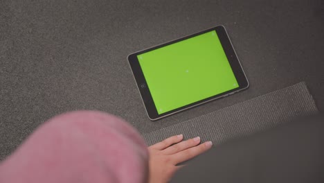 closeup portrait of young determined athletic female doing plank exercise using tracking app on phone with green chroma screen in gym