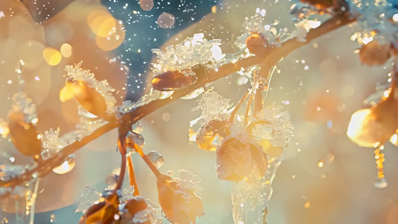 A branch covered in ice and snow, with frozen leaves hanging from it. The branch is surrounded by a blue sky, and the snow is falling gently from the sky. The scene is serene and peaceful