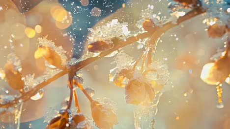 a branch covered in ice and snow, with frozen leaves hanging from it. the branch is surrounded by a blue sky, and the snow is falling gently from the sky. the scene is serene and peaceful