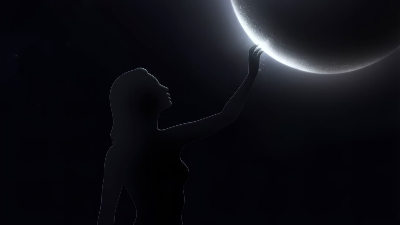 Woman's Silhouette Reaching for the Moon in the Dark
