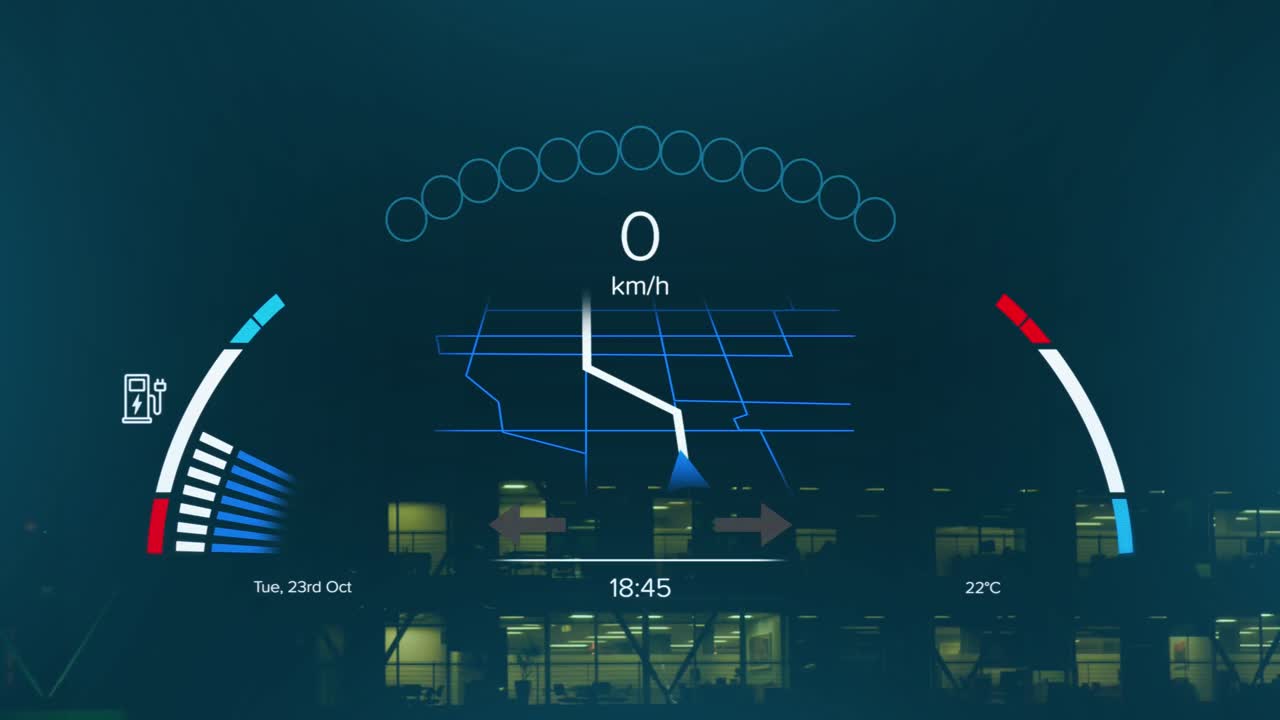 도시를 가로지르는 전기 자동차 속도계 데이터 처리 애니메이션