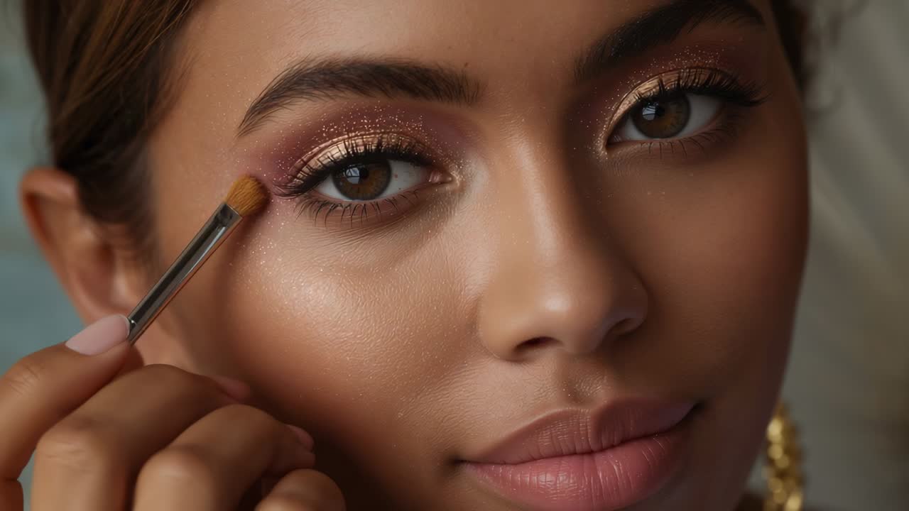 Sfuma dopo il coperchio dorato, artista che usa un pennello per sfumare il color malva sull'occhio destro della modella in studio, completando