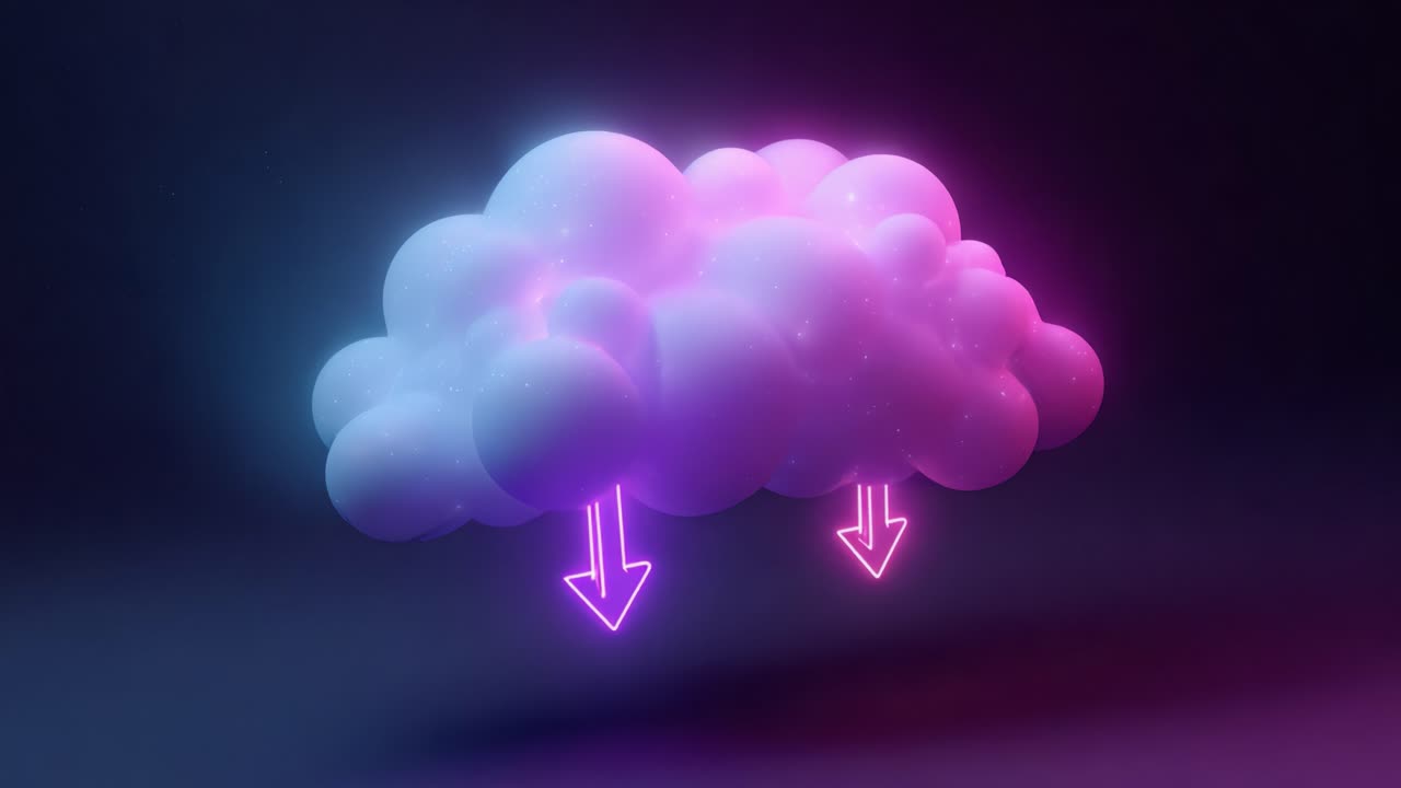 A captivating visual representation of a stylized cloud, illuminated in vibrant purple and blue tones, featuring glowing arrows pointing downward, symbolizing data transfer or falling rain