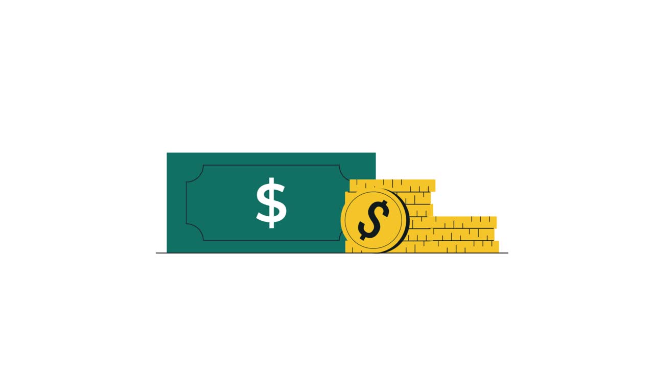 Animated Dollar Bill and Coins Stacking Up