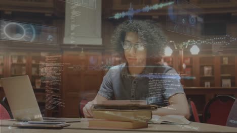 Round-scanners-and-data-processing-over-caucasian-male-student-studying-in-library-at-college