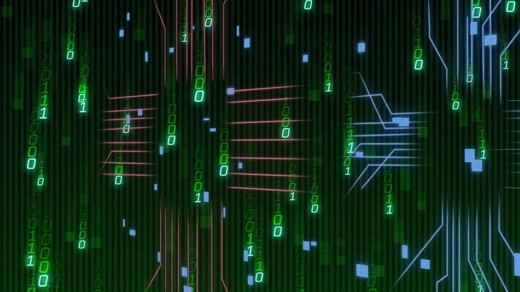 Animation of data processing over computer circuit board on black background