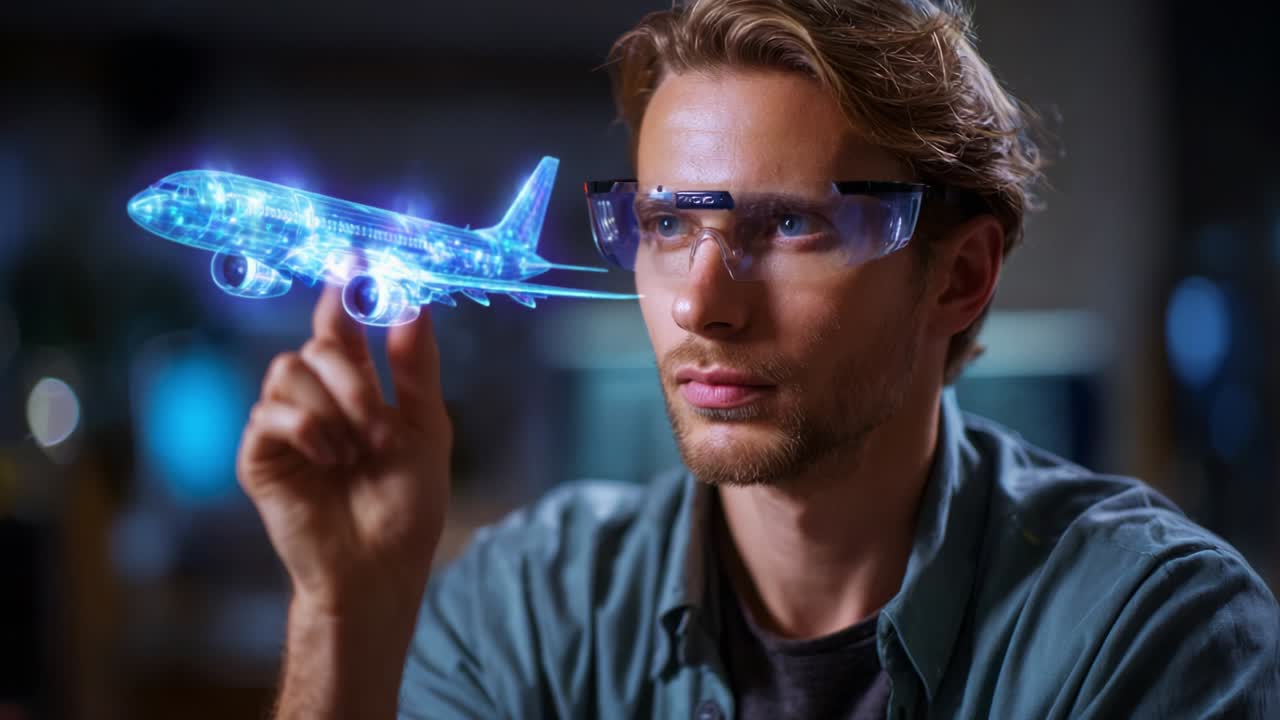 A Futuristic Vision: Innovating Aviation with Augmented Reality Technology, a Young Man Engaged in Interactive Airplane Model Projection, Blending Imagination and Cutting-Edge Digital Innovation