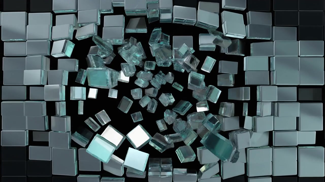 Abstrakt animation af glasterninger, der splintres og svæver i rummet