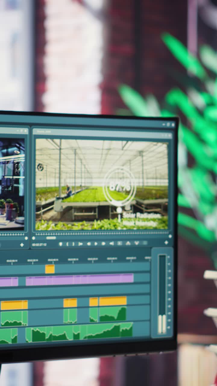 Vertical Video Video creator woman editing a music video on dual monitors in loft studio