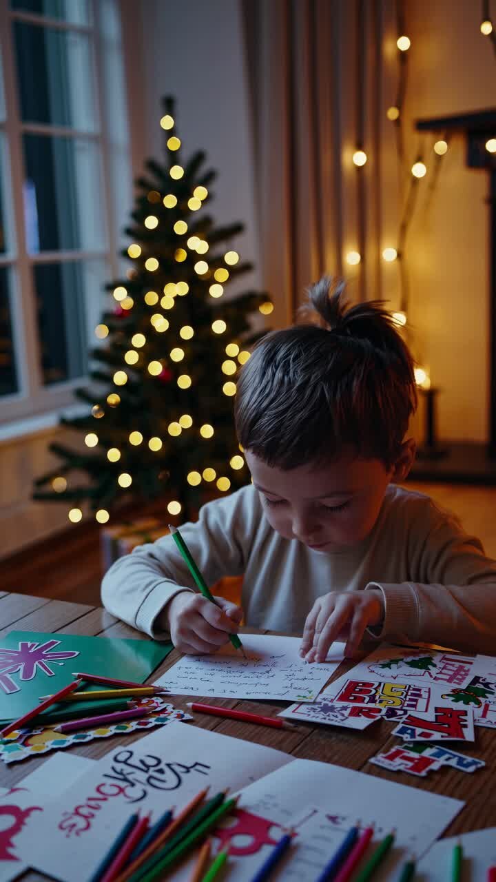 A cozy, low-angle video shot of a child drawing holiday cards by a lit Christmas tree