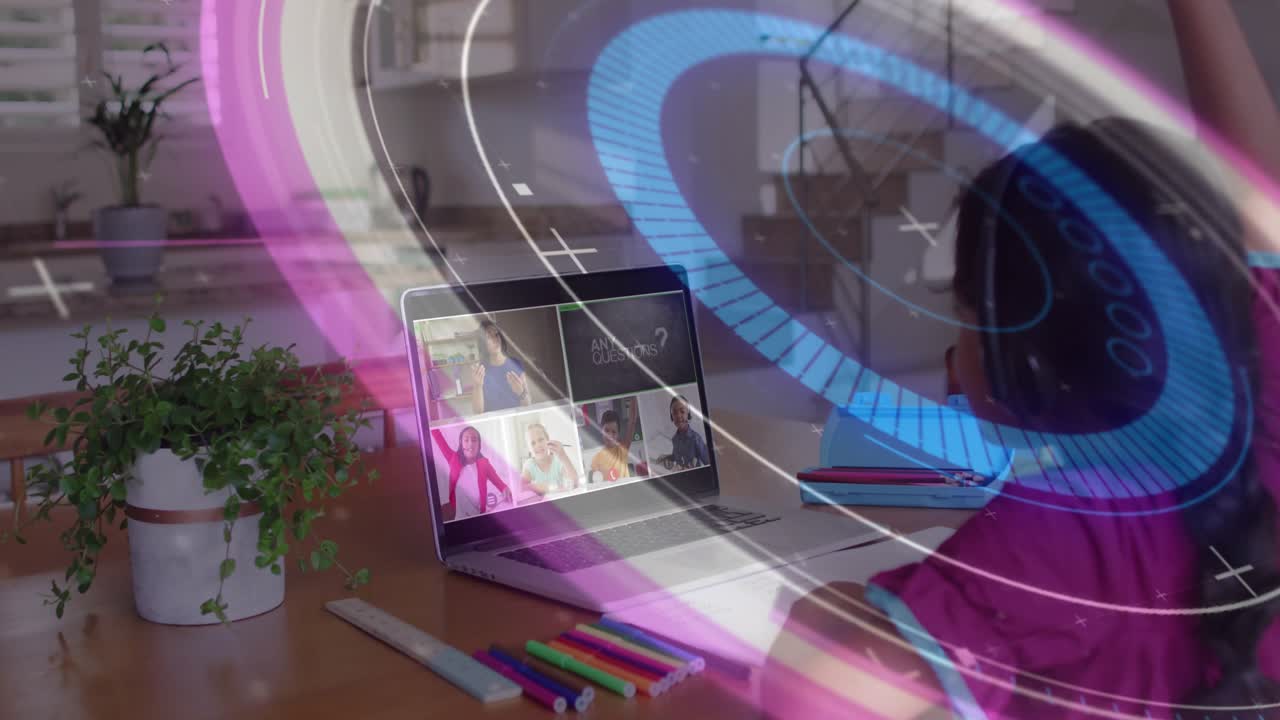 Child girl focusing on education call when animated rings circling laptop following teacher prompt