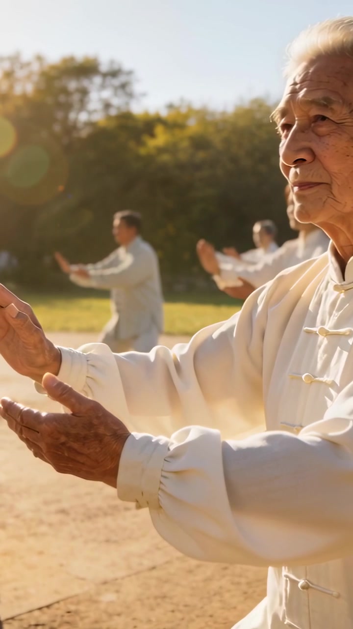 Dikey video: Parkta sakinlik için yavaş tai chi hareketleri yapan gruba liderlik eden, güneşin aydınlattığı tai chi kıyafetli yaşlı bir kişi.