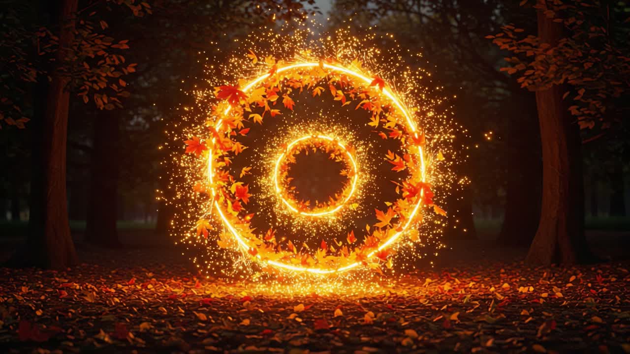 Illuminated Circular Pattern of Autumn Leaves Sparks in Enchanted Forest, Depicting a Magical Transformation from Day to Night with Glowing Energy and Movement