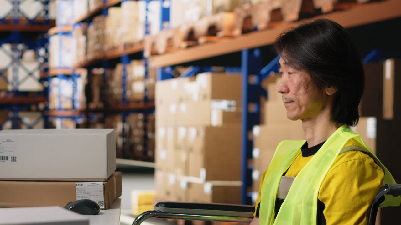 Employee with physical impairment managing warehouse logistics