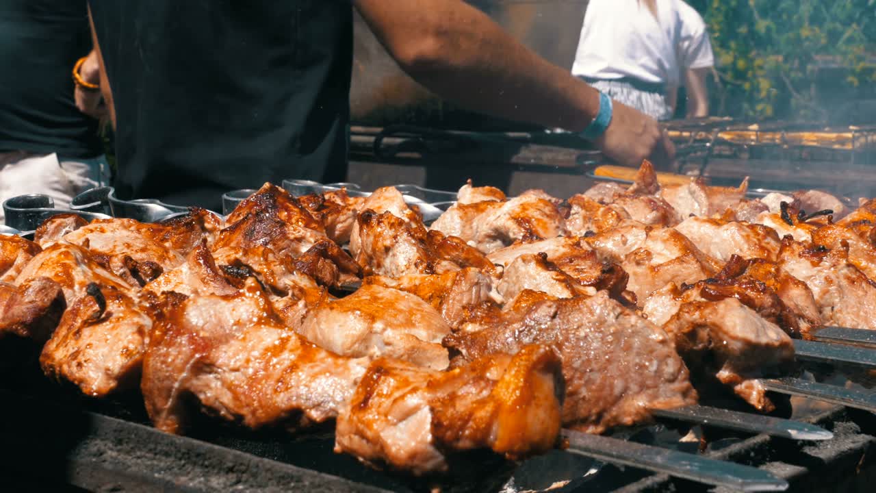 야생에서 그릴에 요리 된 shish kebab. 거리 음식. 개에 긴 고기