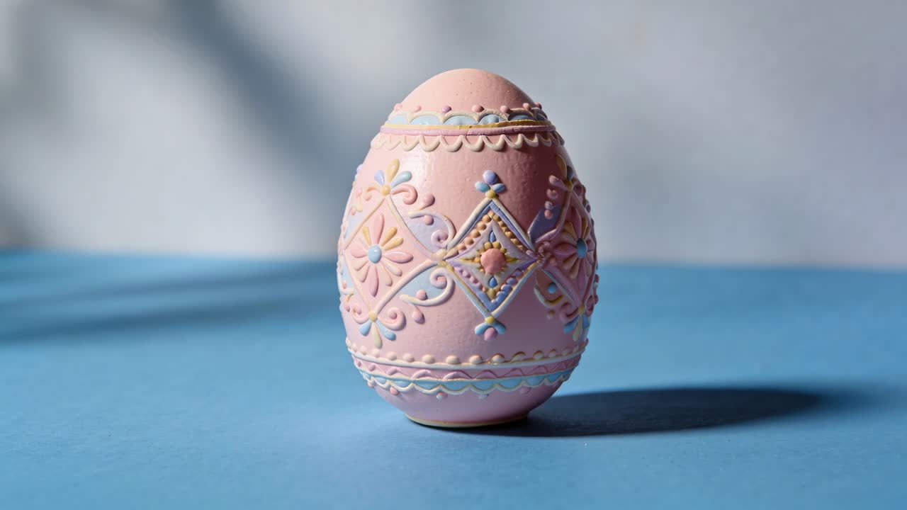 Frames advancing rotating pastel pink egg revealing beaded decor on matte blue table casting shadow
