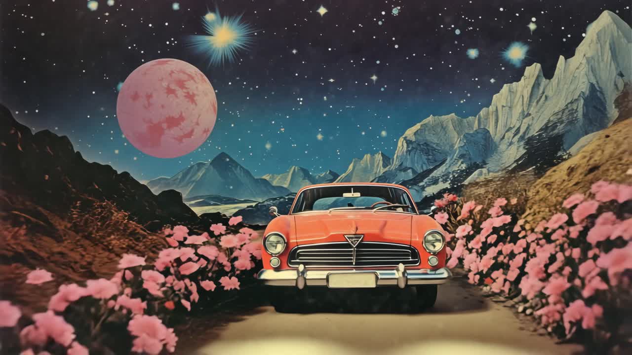 Surreal video concept with a vintage car on a starry night, surrounded by flowers and mountains