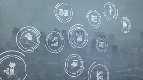 digital composition of multiple digital icons against aerial view of cityscape
