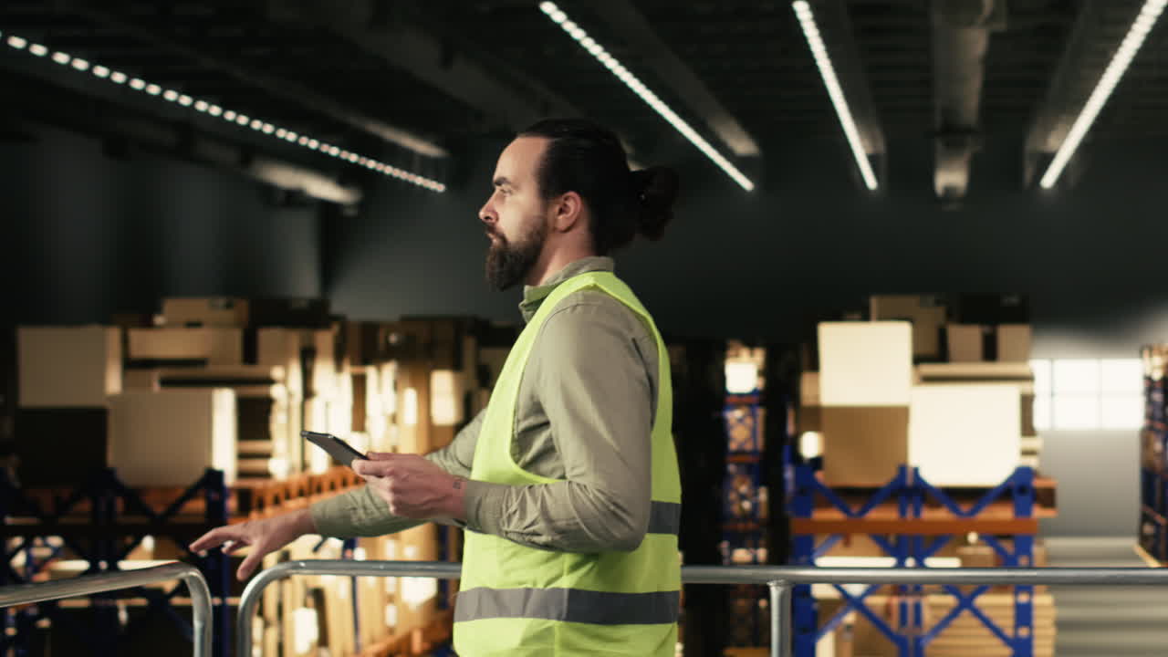 Warehouse Worker Using Tablet to Check Inventory