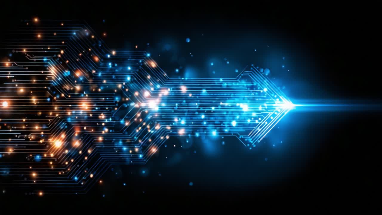 Dynamic Digital Arrow Moving Through Electric Patterns and Light Trails, Representing Quantum Speed and Technological Advancement in a Futuristic Realm