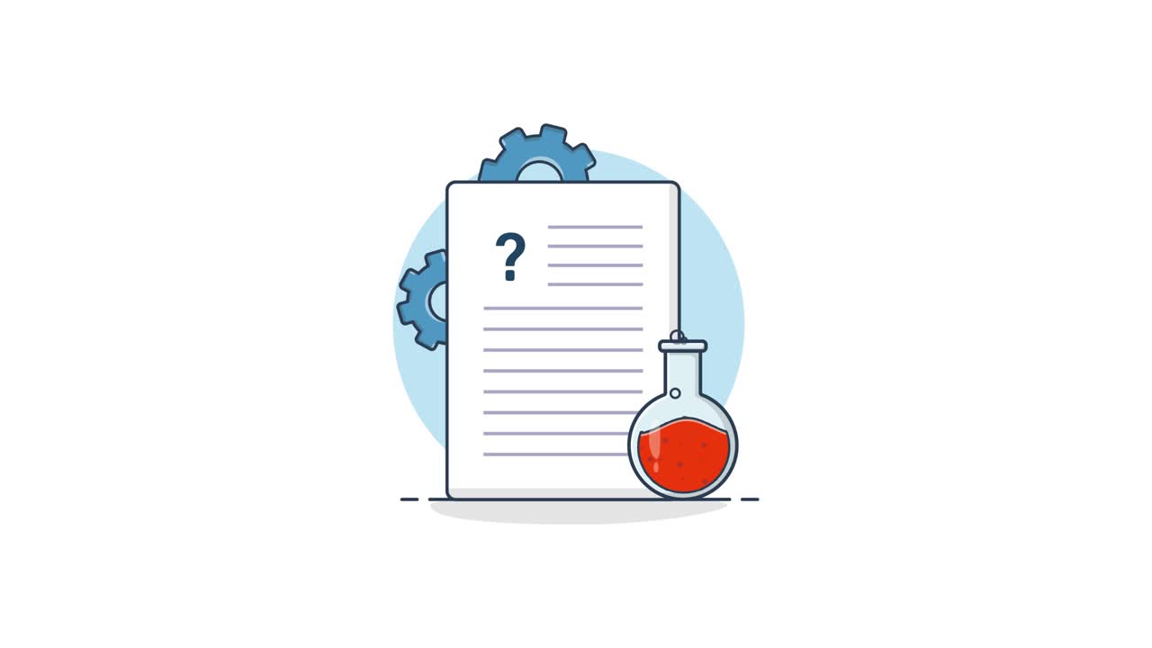 Documento animato con punto interrogativo, ingranaggi e boccetta