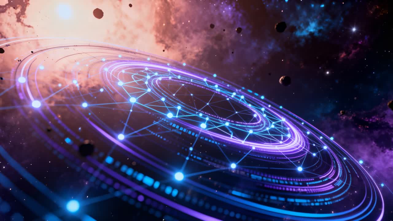 Rotating digital ring network pulsing in space, showing glowing nodes, drifting asteroids, nebula