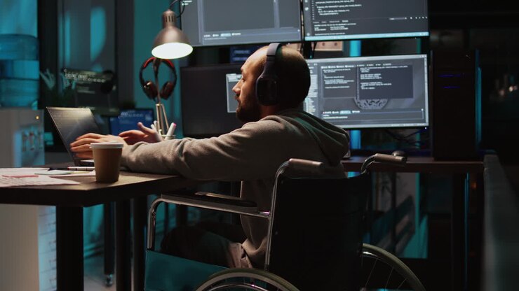 Man in wheelchair working on computer