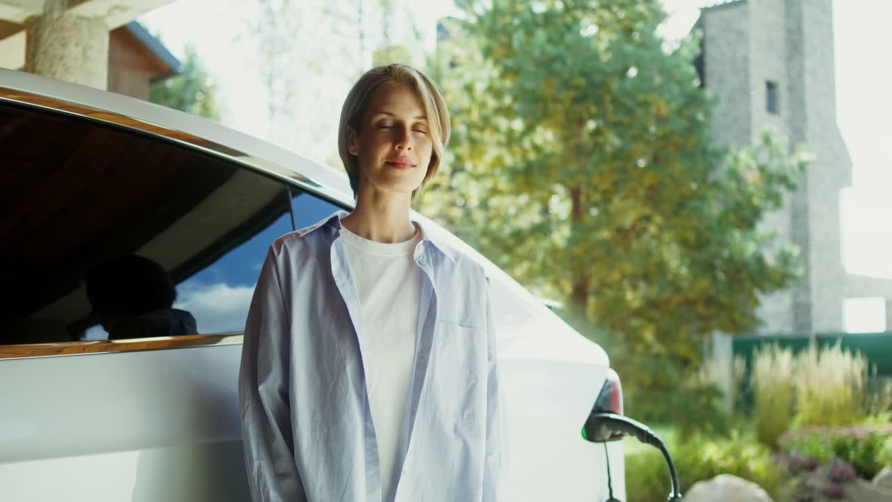 женщина, стоящая рядом со своим электрическим автомобилем на зарядной станции