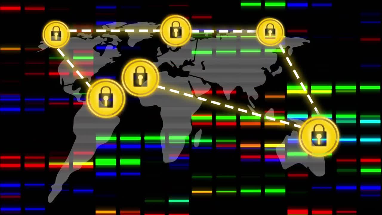 어두운 배경 위에 온라인 보안  ⁇ 락을 가진 연결 네트워크의 애니메이션