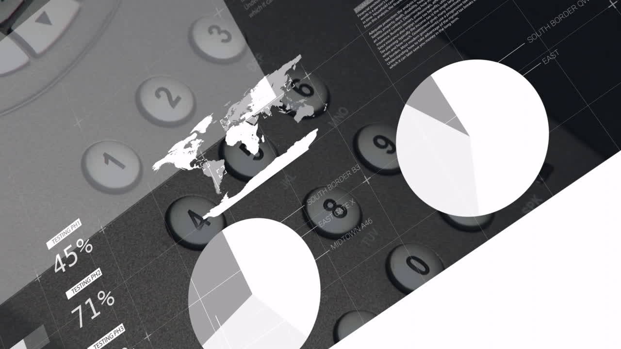 Numeric keypad being displayed in flat design UI, showing world map, pie charts, testing labels
