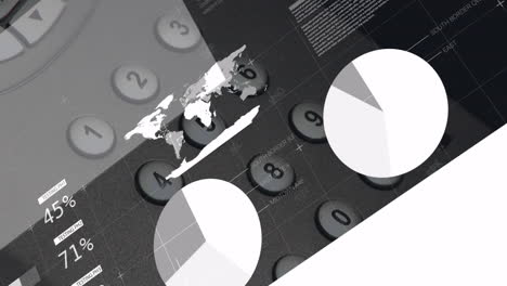 numeric keypad being displayed in flat design ui, showing world map, pie charts, testing labels