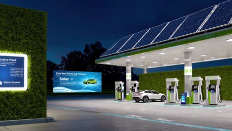 modern solar-powered electric vehicle charging station at night