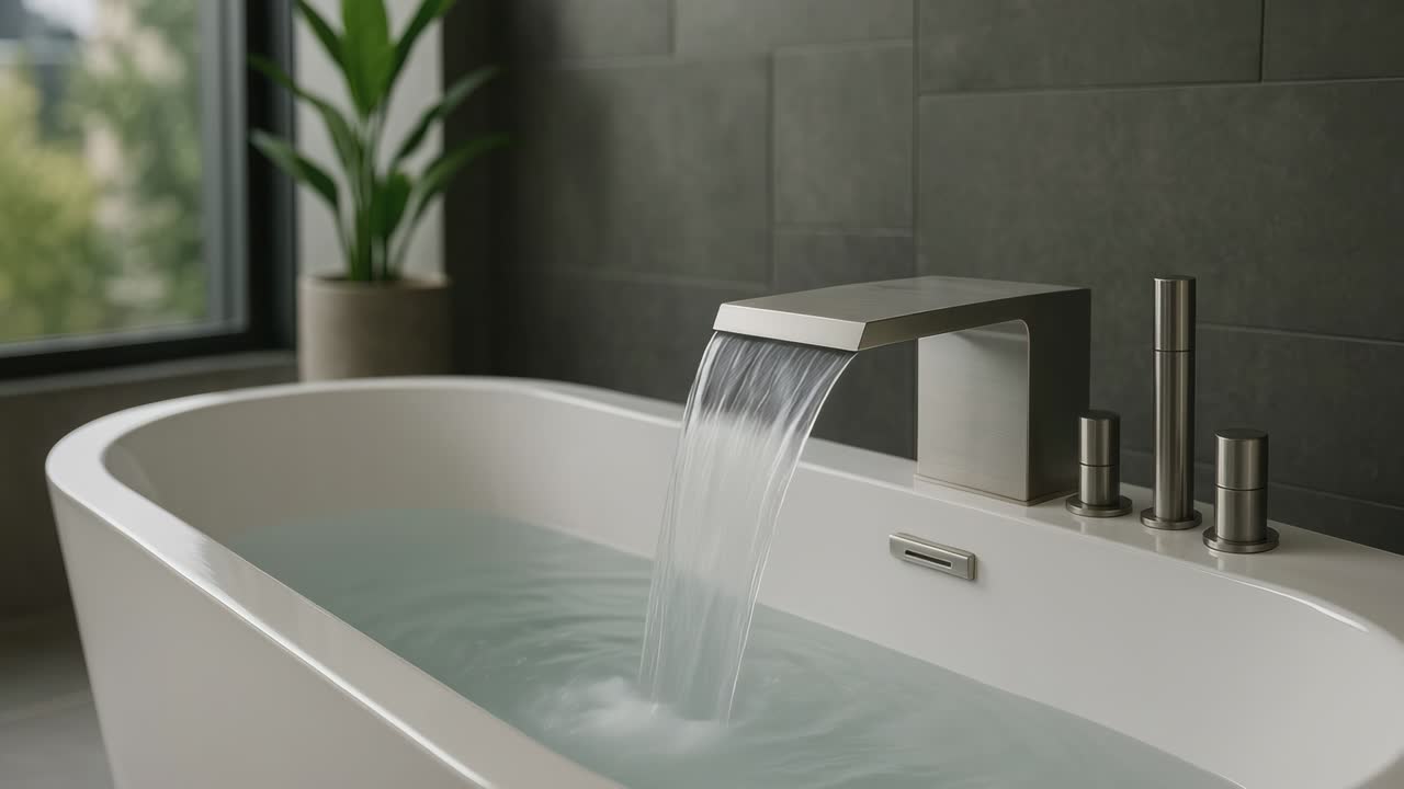 Bagno moderno con vasca elegante e rubinetto a cascata. Video ripreso da un angolo laterale.