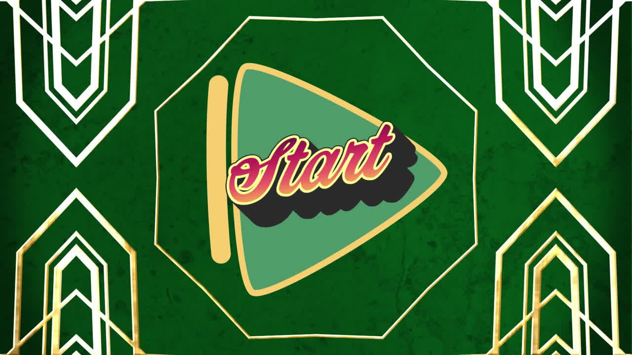 초록색 바탕에 노란색 패턴을 가진 초록색 재생 버튼 위의 시작 텍스트의 애니메이션