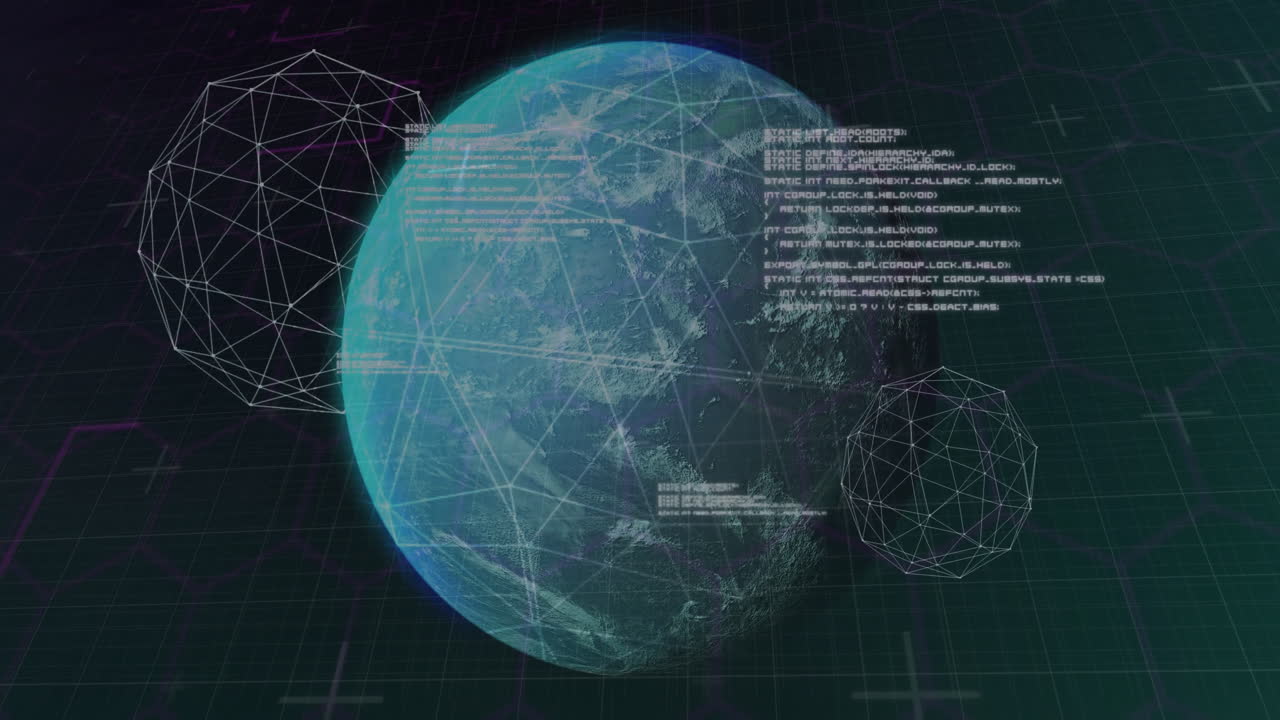 Earth with digital network lines and data processing animation overlay