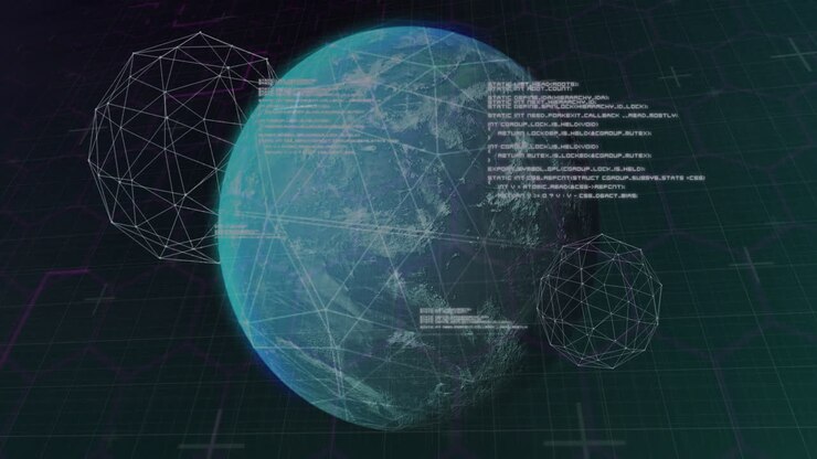 Earth with digital network lines and data processing animation overlay