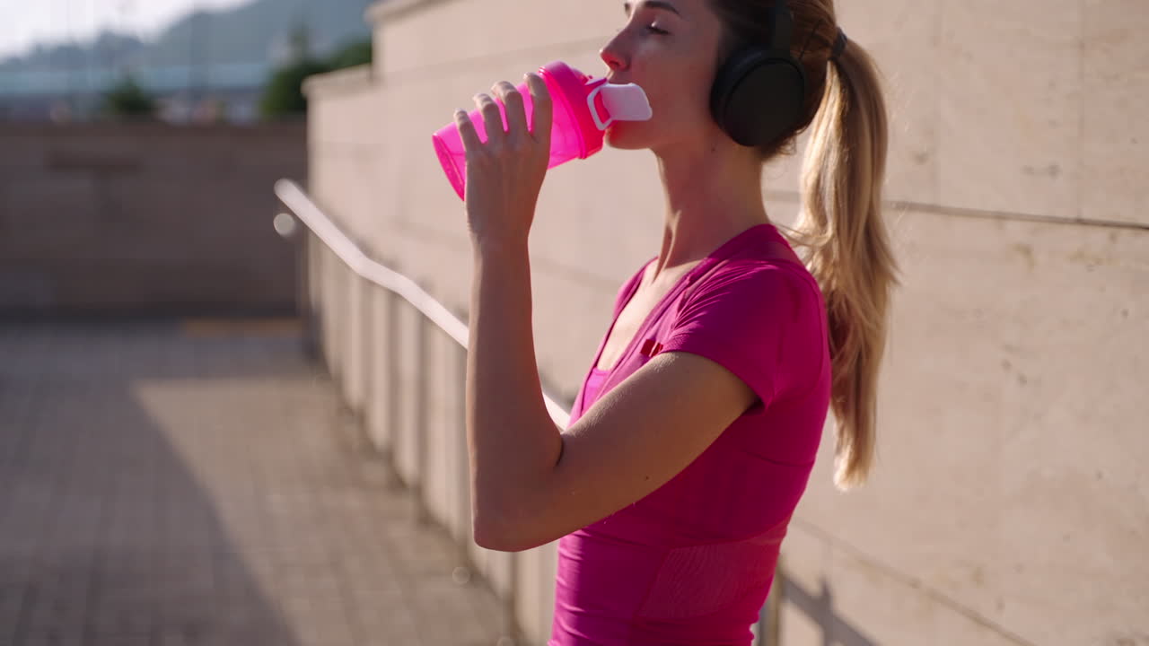 mujer tomando un descanso de hidratación durante un entrenamiento