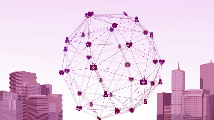 Globe of digital icons against digital building models