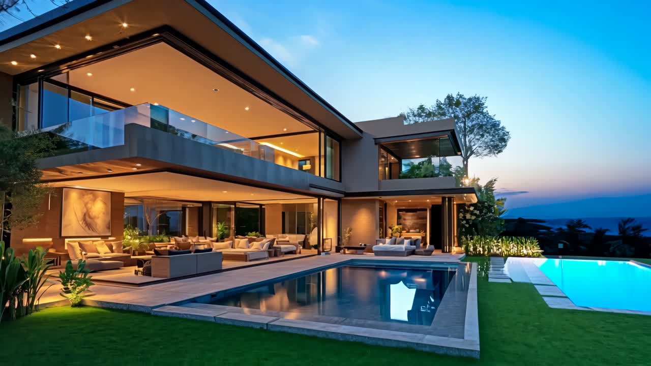A modern house with a swimming pool in the backyard