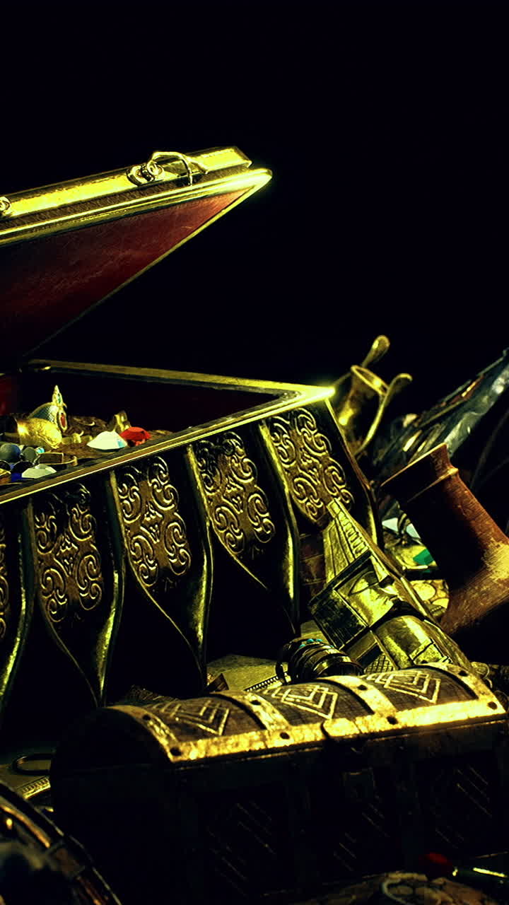 Hidden treasures scattered across the darkened table in dim light