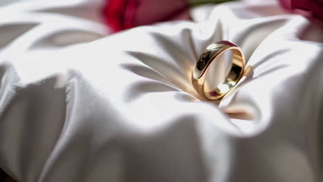 golden wedding ring on white satin