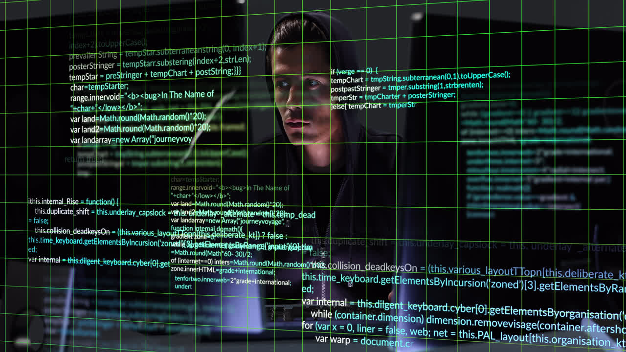 Animation of data processing over caucasian male hacker